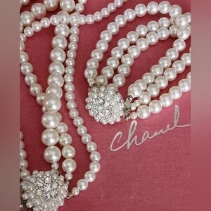 Vintage Ivory Pearls 2 Pc. Set Triple Strand With Ornate Rhinestone Clasp